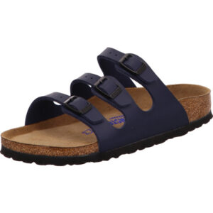 Birkenstock Florida Pantolette mit drei Schnallen Farbe blau und schwarzen Ösen