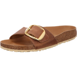 Birkenstock Madrid Big Buckle Frabe cognac eine große Schnalle mit goldener Öse und braunem Fußbett