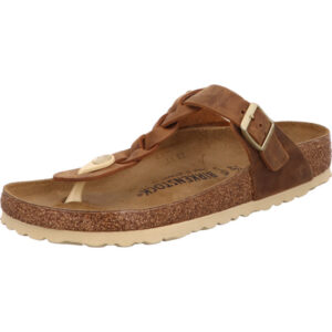 Birkenstock Giseh Zehenschuh Farbe braun mit geflechtetem Steg und mit silberfarbener Schnalle und braunem Fußbett