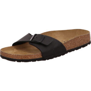 Birkenstock Madrid schwarz eine Schnalle mit schwarzer Öse braunem und Fußbett