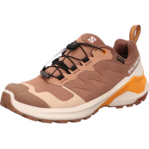 Salomon X-Adventure GTX W Damen Trailrunningschuh in der Farbe dunkel und hellrose mit beige und heller Sohle und Zippverschluß