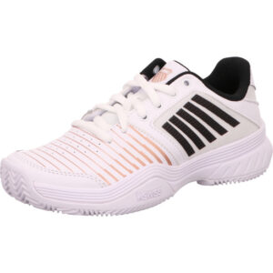 K-Swiss Sportschuh weiß mit rosé und schwarzen Streifen und weißer Sohle