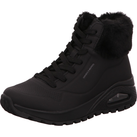 Skechers Uno Damen Winterschuh hoch mit fell komplett shcwarz und offener Dämpfung