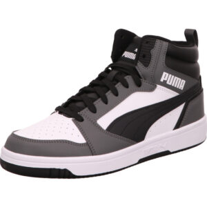 Puma Rebound V6 hoher Sneaker in weiß mit grau mit schwarzem Puma Streifen und Logo und weißer Sohle