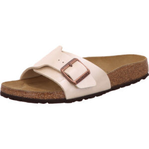 Birkenstock Catalina Pantolette weiß Material Birkoflor mit bronzener Schnalle
