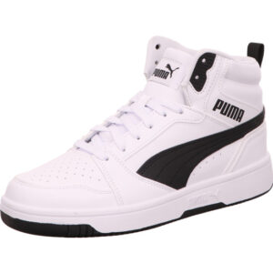 Puma Rebound V6 hoher Sneaker in weiß mit schwarzem Puma Streifen und Logo und weißer Sohle