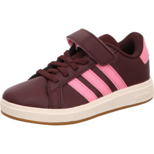 Adidas Grand Court 2.0 EL Kindersneaker mit einem Klett bordeaux und pink Streifen und helle Sohle