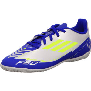 Adidas F50 Club Messi In Hallenfußballschuh silber mit blau und gelb und silberner Sohle