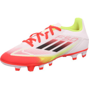 Adidas F50 Club Nockenfuballschuh in der Farbe weiß mit gelb und rot uns schwarzen Streifen
