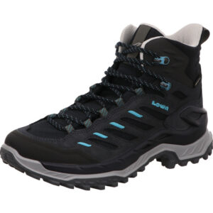 Lowa hoher Damen Wanderschuh in der Farbe dunkelblau mit hellblauen Applikationen und grauer Sohle