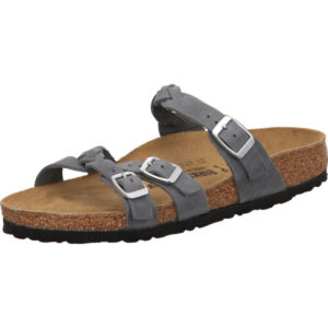 Birkenstock Franca Pantolette mit einer Schnalle oben und Schnalle über Kreuz unten Farbe grau und silbernen Ösen