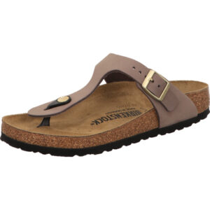 Birkenstock Giseh Zehenschuh Farbe braun mit silberfarbener Schnalle und braunem Fußbett