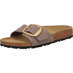 Birkenstock Madrid Big Buckle lila nubuk eine große Schnalle mit goldener Öse und braunem Fußbett
