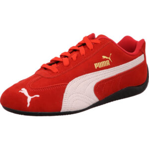 Puma Speedcat Racerschuh rot mit weißem Puma Streifen und goldenem Logo